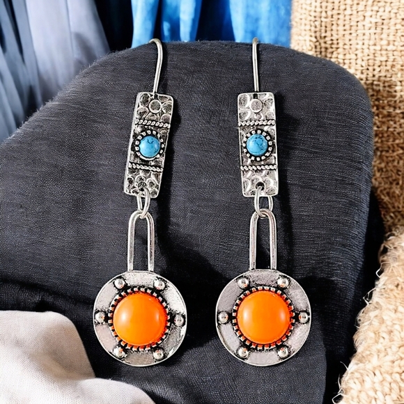 🆕️Vintage Style Boho Chic Drop Trendy Spring Earrings Orange Turquoise Accents - Picture 1 of 16